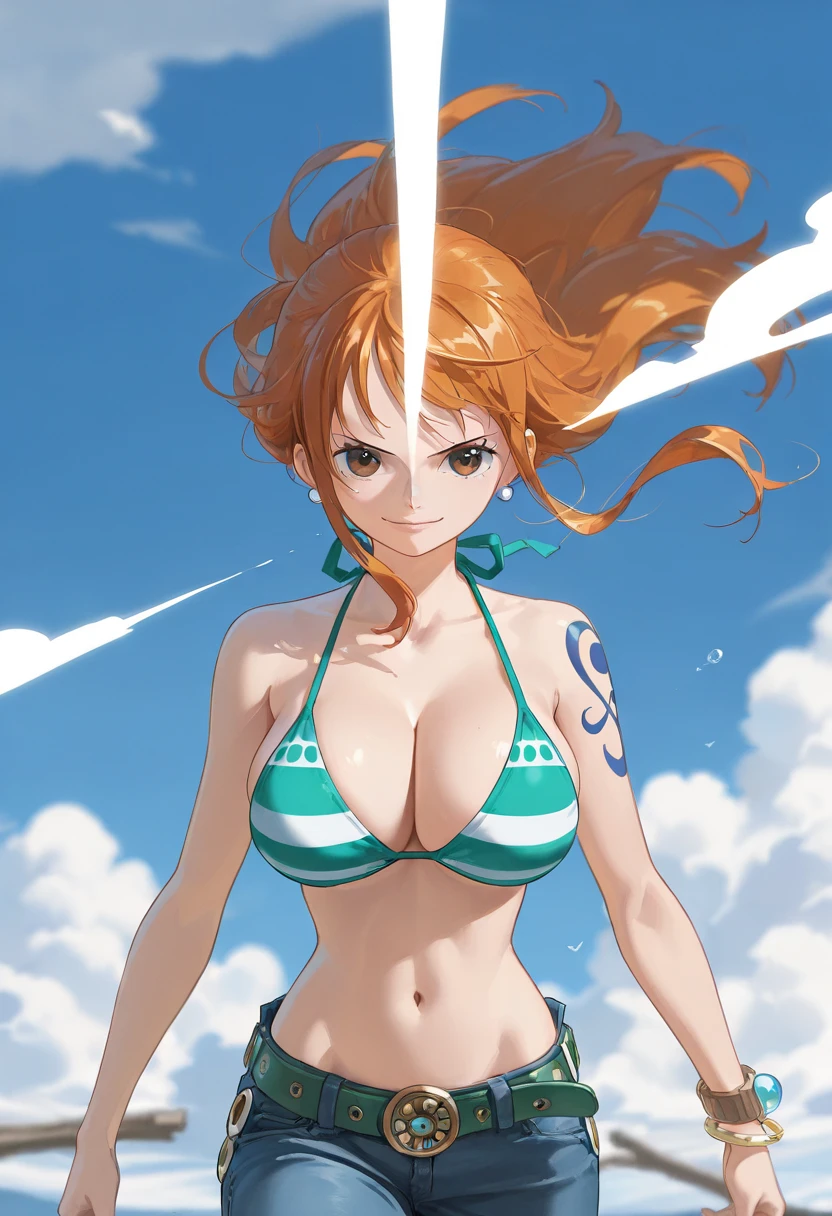 detailed background, masterpiece, 4k, best quality, late youth, adult, wrestler body, 1girl, active, energic, uppercut, (large mouth) , solo, nami \(one piece\), 1girl, bangle, (very wet, drenched in sweat, sweat all over body, very wet hair, tired, taking breath, open mouth), perfect detailed face, bold drawing lines, muscular arms, detailed bold arm lines, flat jaw, adult woman, wavy wide streaked bangs, floating bang streaks, (big cheeks), bare shoulders, off-shoulders, belt, bikini, bikini top only, blue sky, bracelet, springy breasts, breast lines, big round eyes, plain big brown shiny eyes, bubbles, high eye position, cleavage, cloud, day, denim, earrings, floating hair, shiny hair, green belt, green bikini, bold groin lines, jeans, jewelry, medium breasts, log pose, long hair, looking at viewer, navel, wet hair, orange hair, pants, shoulder tattoo, sidelocks, sky, solo, standing, stomach, swimsuit, tattoo , looking at viewer, open mouth, detailed left arm, big forehead, hourglass figure, small head, toned body, wide hair, wind effect, sun effect, under the sun, narrow small ears angle, older, random poses,