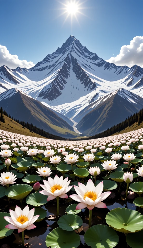 The majestic Tianshan Mountain , snow lotuses bloom like a wonderland , golden phoenix wants to fly , against the backdrop of snowy mountains, making it even more sacred, blue sky and white clouds intertwine , reveals fantasy in serenity , oil painting style ,Genres , long-range perspective , top light irradiates , interlaced light and shadow ,Ultimate image quality, with 8K resolution 。