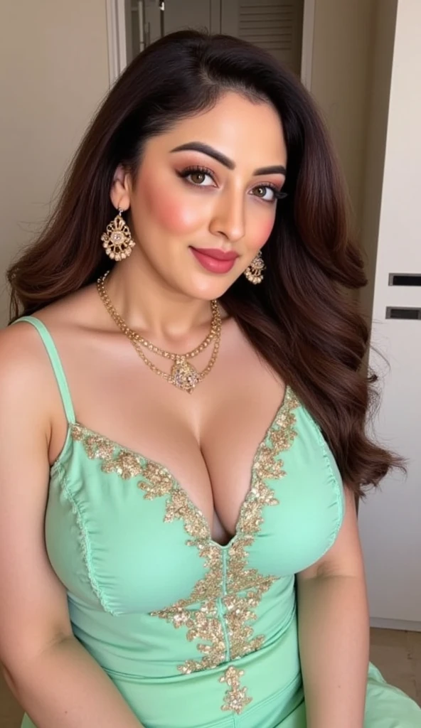 Fit, Red saree VEIL, Big lips, full body picture , BBW Wet curvy, wet Desi woman showing her big ass  in sexy Mint Green Padded Georgette Sleeveless Blouse With Sequins Embroidery and showing cleavage and in nose ring, many bangles in hands,earings, necklace ,lipstick ,navel,Indian, Chubby, showing her curves, in bedroom and STRAP IN NECK. Indian married  woman