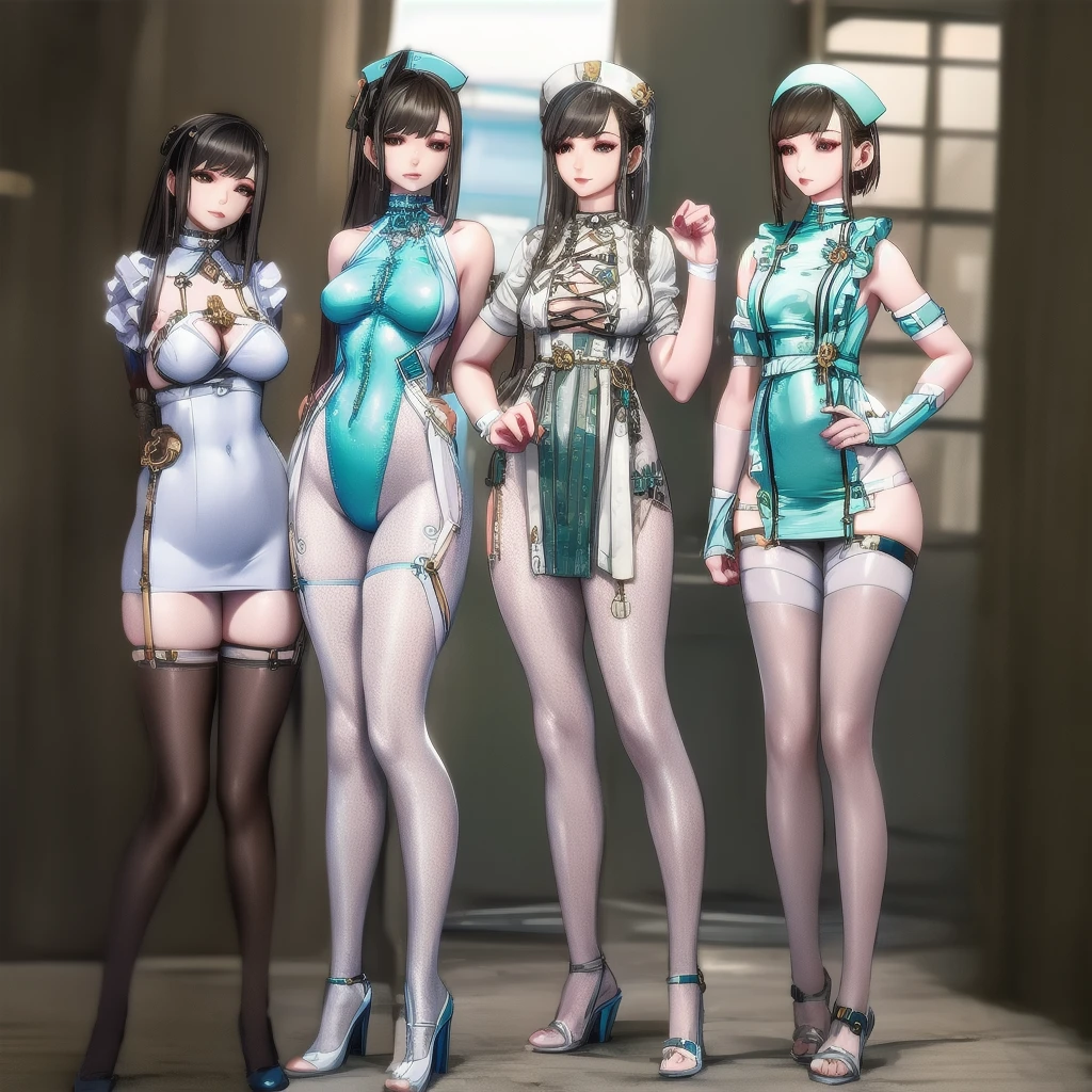 Masterpiece, best, 1 female, blue clothes, blue cheongsam, full body photo, ancient Chinese style, white cloth bun bun, black hair, shoulders, big breasts, slender legs, smile, white pantyhose, pantyhose lace side, white underwear, pale pink lips, embroidered dress