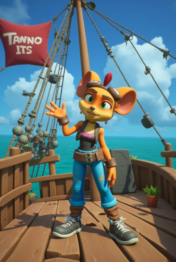 cr4shstyle,Tawna bandicoot standing on a pirate ship greeting the viewer with a smile