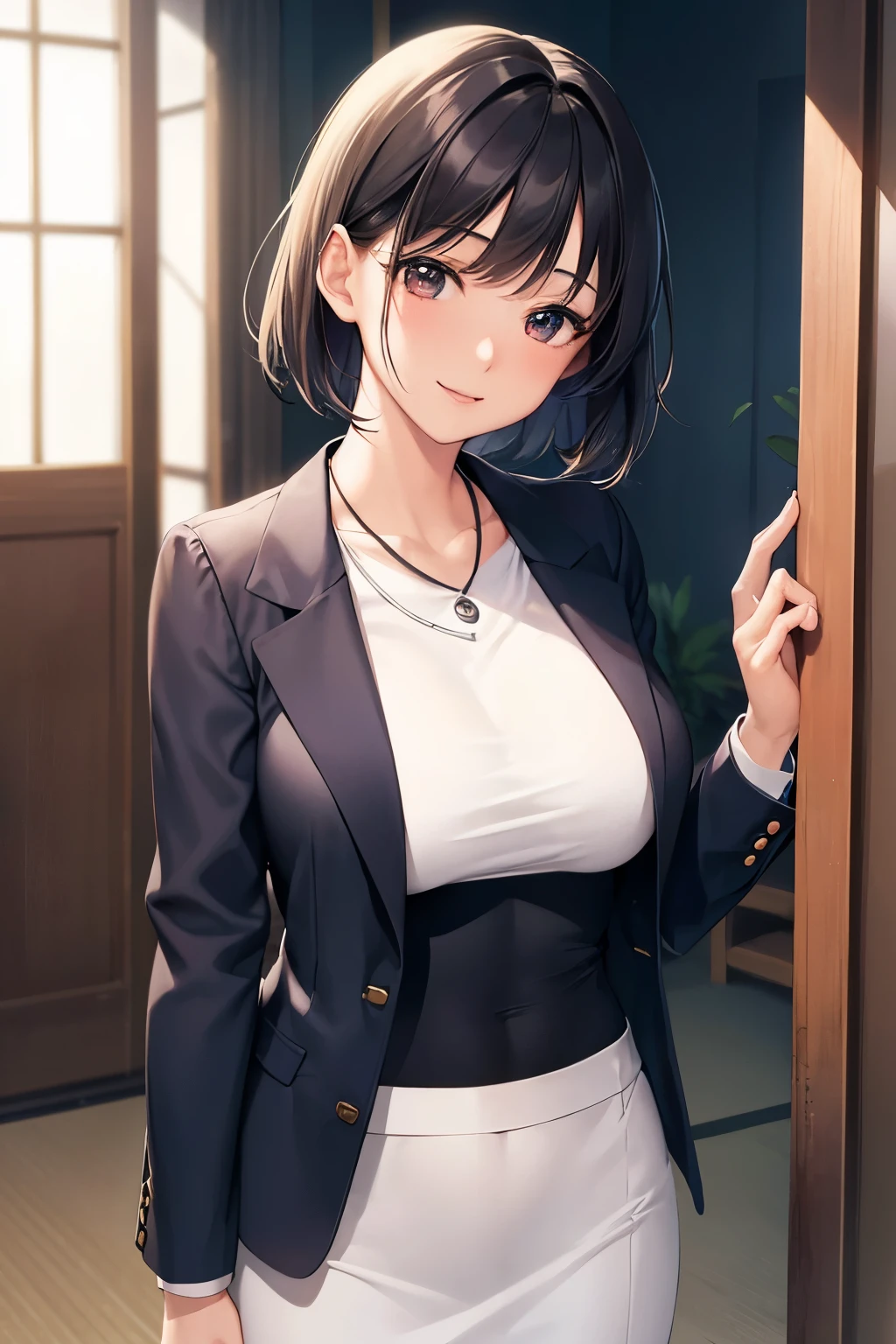 beautiful girl、Office Casual Fashion、Sleeveless high neck shirt、Tight pants style、slender、Model Body Type、Ideal Style、 Slim and cute、No buttons、Put on a bolero