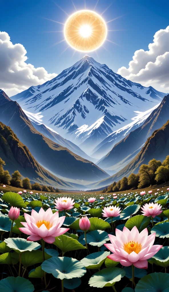 The majestic Tianshan Mountain , snow lotuses bloom like a wonderland , golden phoenix wants to fly , against the backdrop of snowy mountains, making it even more sacred, blue sky and white clouds intertwine , reveals fantasy in serenity , oil painting style ,Genres , long-range perspective , top light irradiates , interlaced light and shadow ,Ultimate image quality, with 8K resolution 。