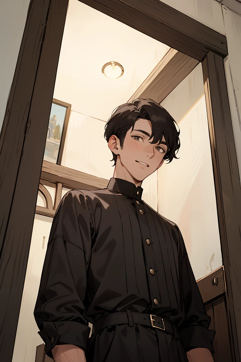 (( Best Quality )), ((masterpiece)), ( detailed), 1 man,European ,28 years old,Height 185 cm ,Handsome, with a wry laugh, Wide shoulders, Tall nose ,  black brown eyeshadow, Black Brown Short Hair (7:3 sides ),  to below the ear,Lower your head,Handrail top door frame, Hand muscle line , ,low shot,Medium Range Lens