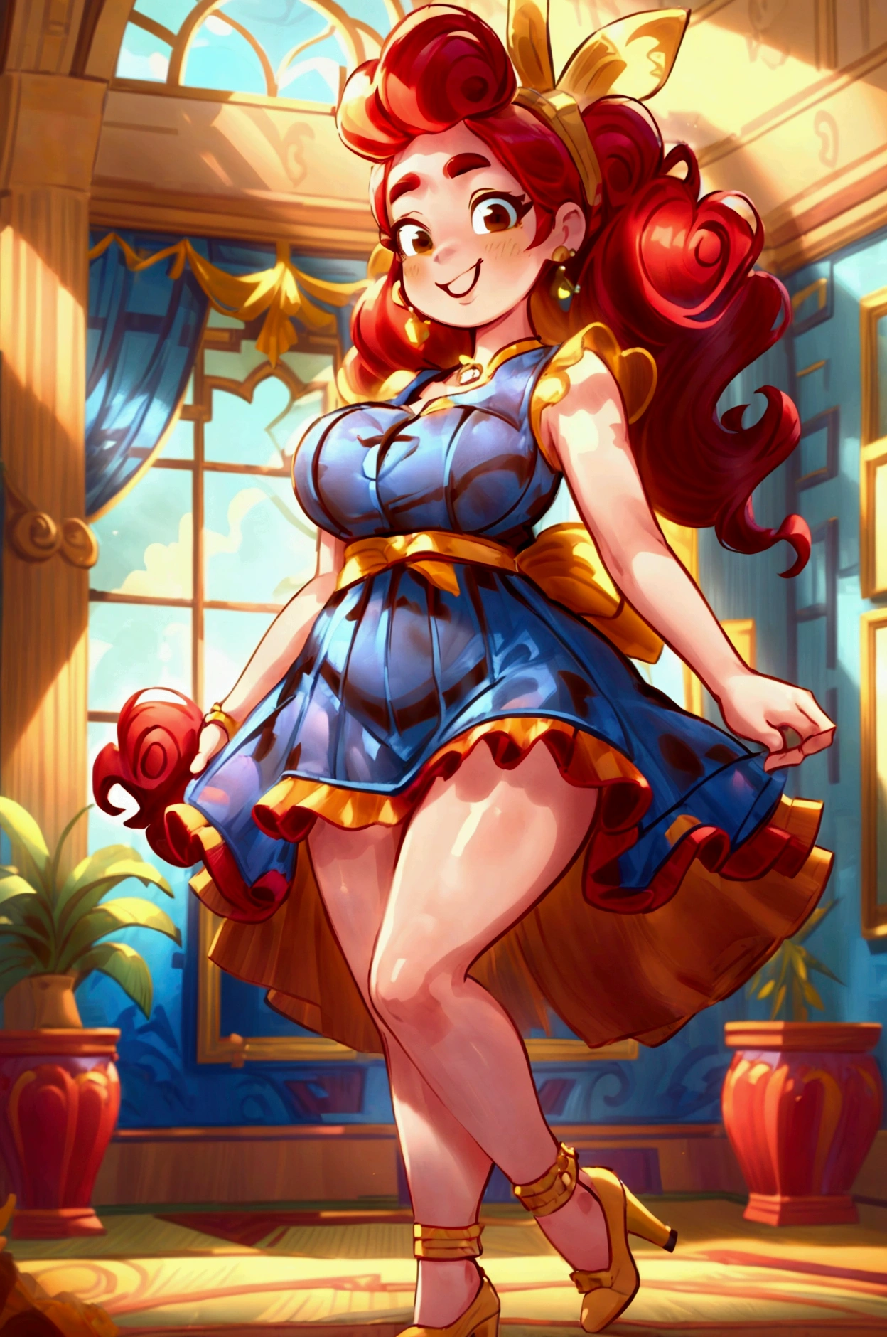 (masterpiece, best quality) (Landscape: standing, indoor, intricate detail, sunlight) (Outfit: blue and yellow frilly dress, red high heel shoes, earrings, headband ) (Body: red hair, brown eyes, big size body, lovely) (Expressions: smiley face, sexy pose, coquette) 
