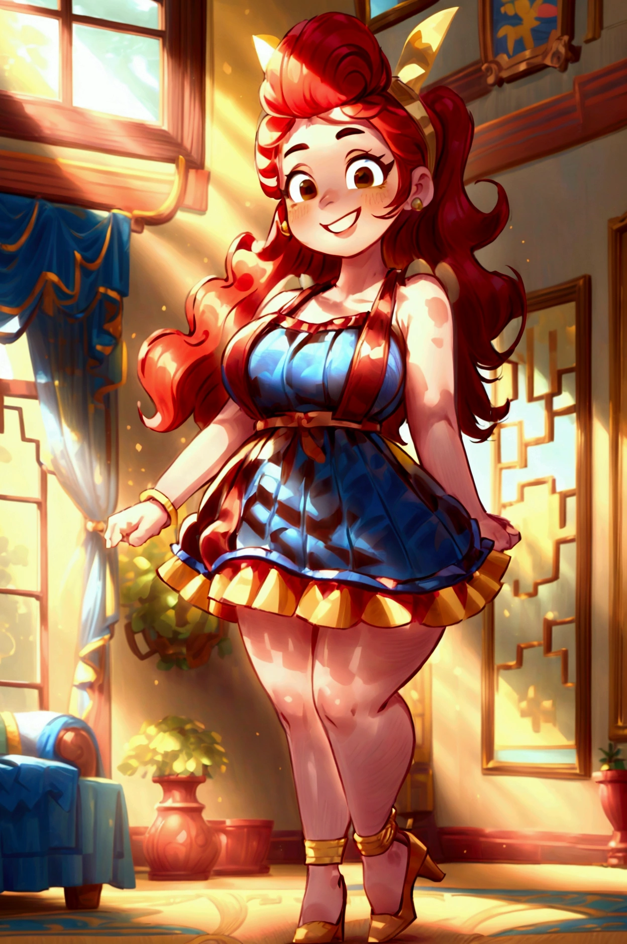 (masterpiece, best quality) (Landscape: standing, indoor, intricate detail, sunlight) (Outfit: blue and yellow frilly dress, red high heel shoes, earrings, headband ) (Body: red hair, brown eyes, big size body, lovely) (Expressions: smiley face, sexy pose, coquette) 
