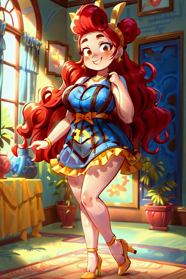 (masterpiece, best quality) (Landscape: standing, indoor, intricate detail, sunlight) (Outfit: blue and yellow frilly dress, red high heel shoes, earrings, headband ) (Body: red hair, brown eyes, big size body, lovely) (Expressions: smiley face, sexy pose, coquette) 
