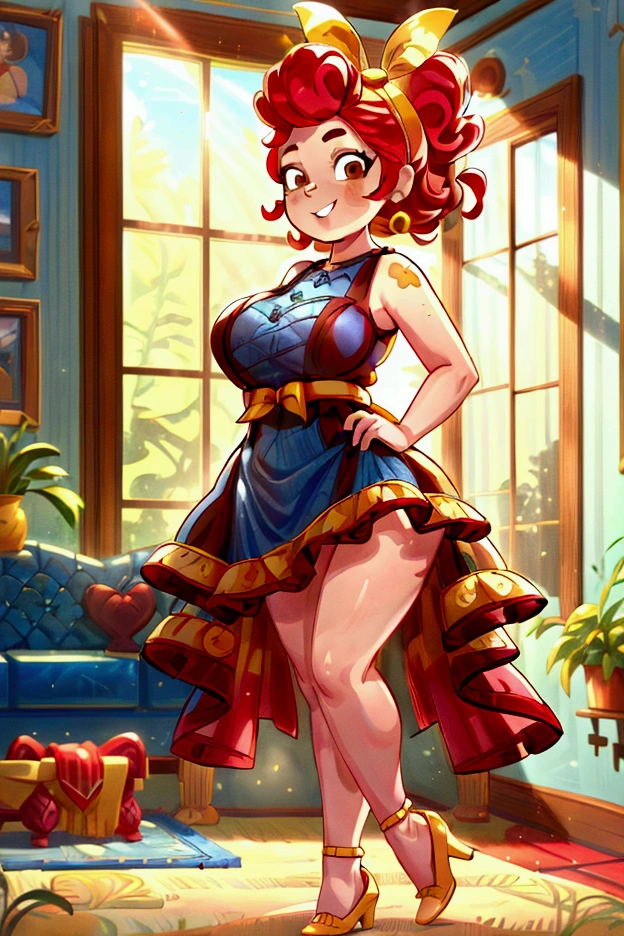 (masterpiece, best quality) (Landscape: standing, indoor, intricate detail, sunlight) (Outfit: blue and yellow frilly dress, red high heel shoes, earrings, headband ) (Body: red hair, brown eyes, big size body, lovely) (Expressions: smiley face, sexy pose, coquette) 
