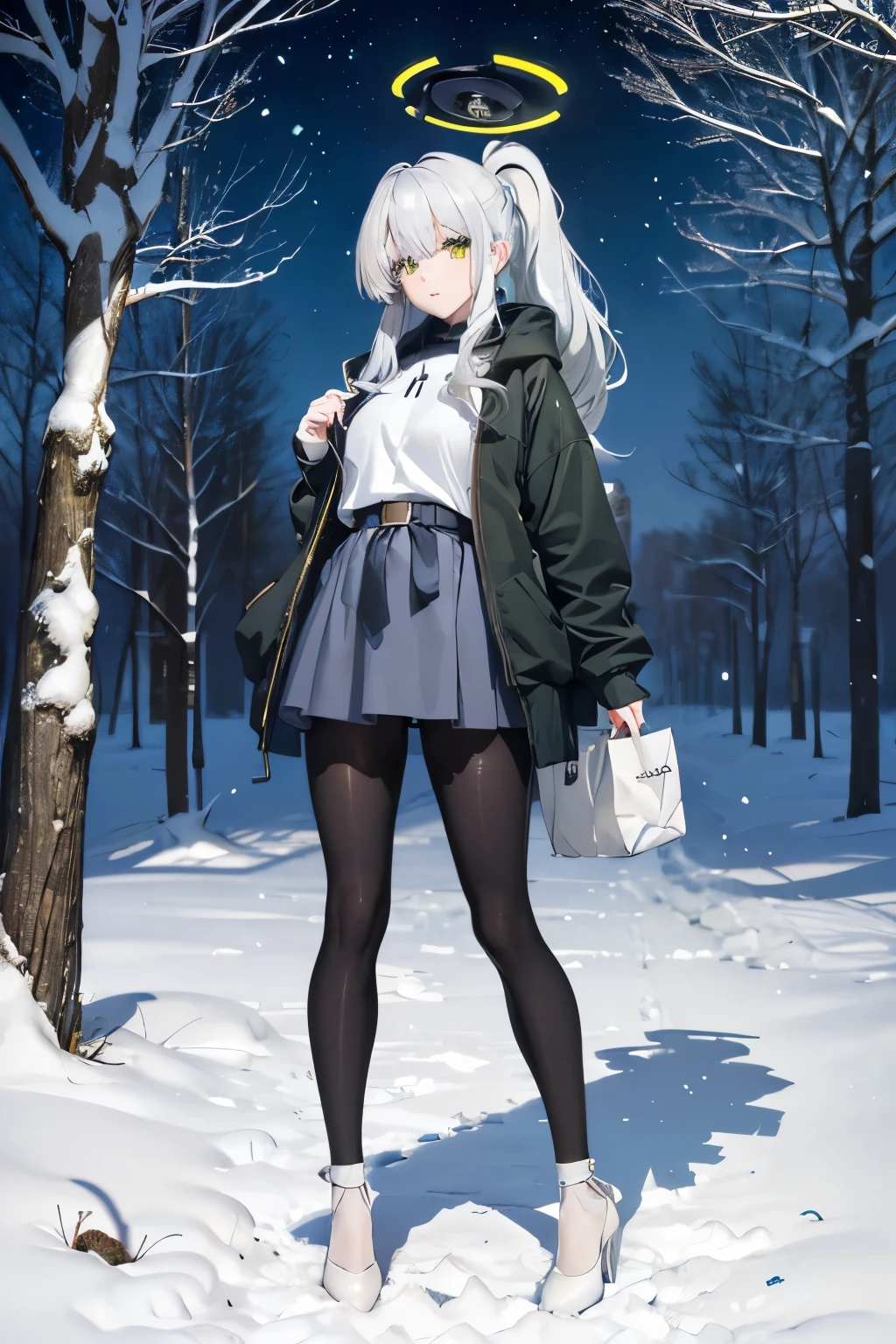 ((fat legs)), ((perfect eyes)), (finely detailed eyes and detailed face:1.3), (extremely fine and beautiful:1.1), (Perfect details:1.1), (Omagari Hare), Blue Archive, (black, yellow halo), green eyes, earings, 1 girl, high heels, standing, full body, blue hoodie, belt, ((black glossy pantyhose)), mini skirt, ponytail, (white hair:1.4), (((outdoor)))