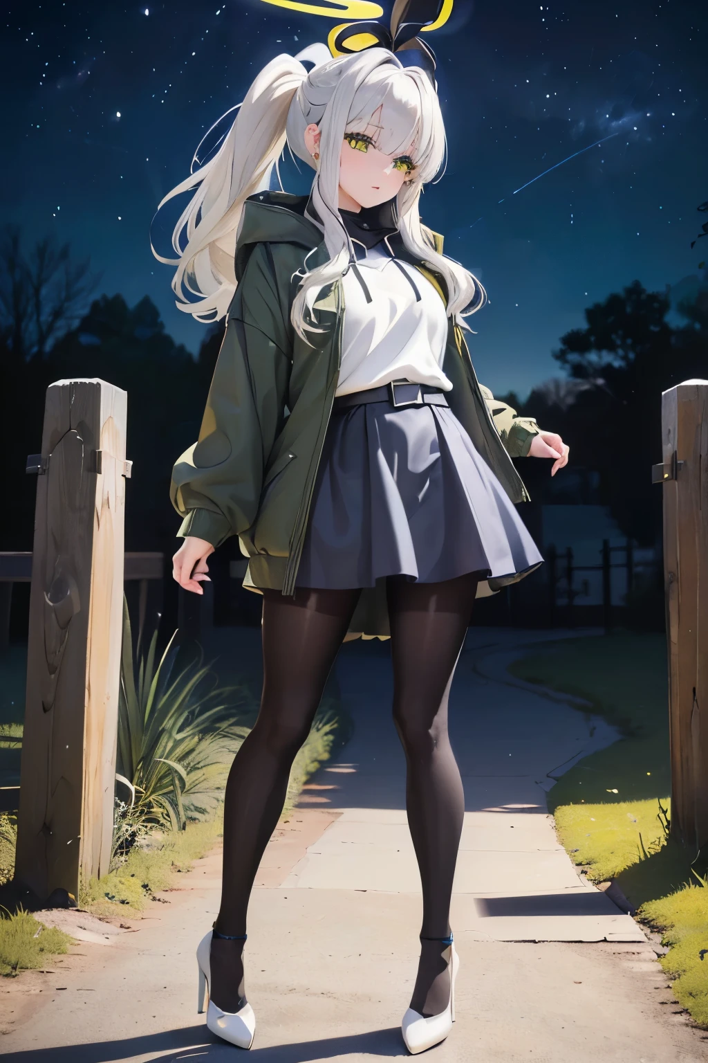 ((fat legs)), ((perfect eyes)), (finely detailed eyes and detailed face:1.3), (extremely fine and beautiful:1.1), (Perfect details:1.1), (Omagari Hare), Blue Archive, (black, yellow halo), green eyes, earings, 1 girl, high heels, standing, full body, blue hoodie, belt, ((black glossy pantyhose)), mini skirt, ponytail, (white hair:1.4), (((outdoor)))