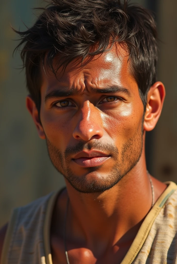 27 year old man, , with a marked jaw and thin lips. His nose is big, round and with the septum slightly protruding. He has small, dark eyes., slightly torn, with triangular eyebrows. Her skin is tanned brown, darker than average, and has visible ears. is shaved, but you can see the growth of dark hair.
His expression is strong, with a feeling of anger or determination. The expression lines on the forehead are very marked, and the veins on the temple are very noticeable, accentuating the intensity of his emotion. For a more cultural touch, The background may include traditional Mexican elements, and your posture can show confidence and firmness.
She is a normal person, not a model. She has more indigenous Mexican features and you don't see as many furrows on her face. It is smoother and rounder.