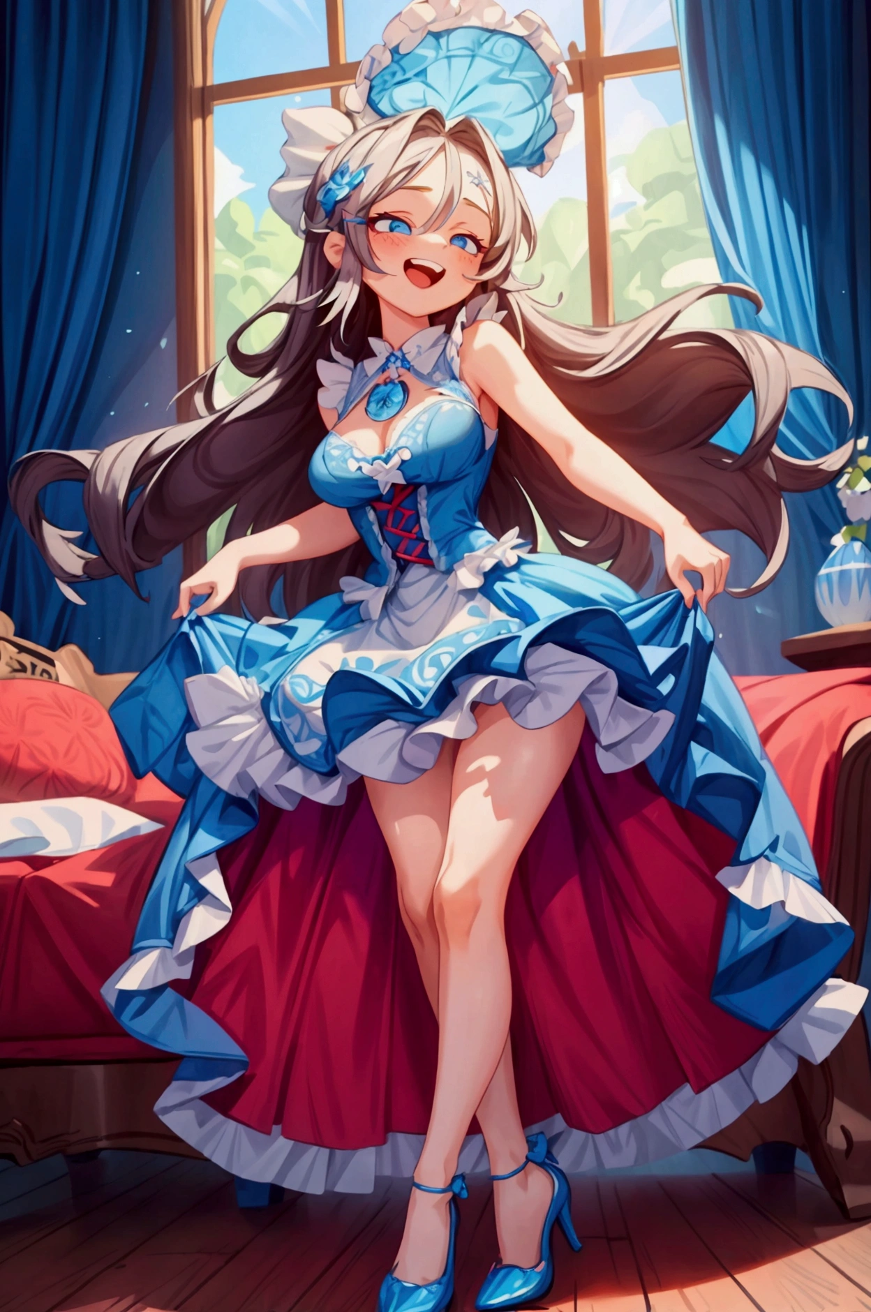 (Masterpiece, best quality), 1 girl, white semi long hair, blue eyes, standing indoors with intricate details and sunlight, blue frilled dress with short neckline, red details, black heels, sexy pose, crazy smile, crazy laugh showing teeth, closing one eye sexy, beautiful legs, mature body, gorgeous, pronounced breasts