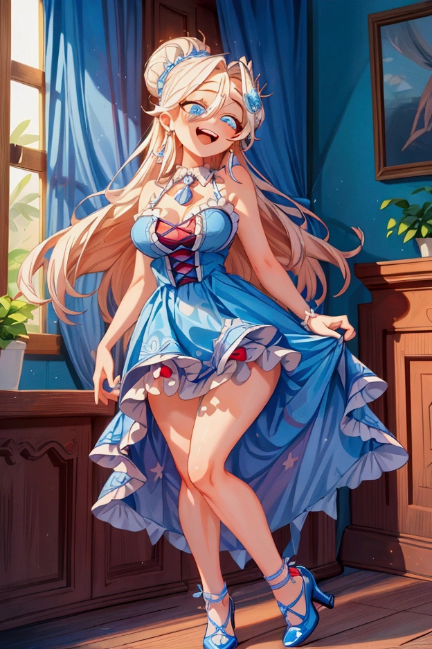 (Masterpiece, best quality), 1 girl, white semi long hair, blue eyes, standing indoors with intricate details and sunlight, blue frilled dress with short neckline, red details, black heels, sexy pose, crazy smile, crazy laugh showing teeth, closing one eye sexy, beautiful legs, mature body, gorgeous, pronounced breasts