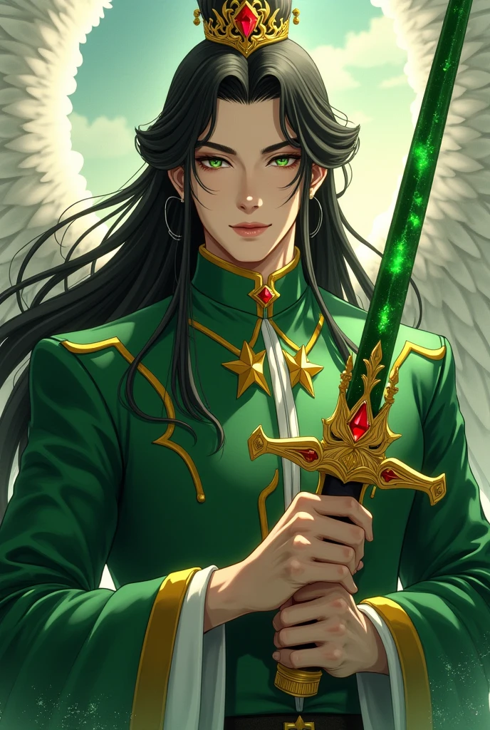 Man with green eyes long black hair big white wings with green sparkles ...