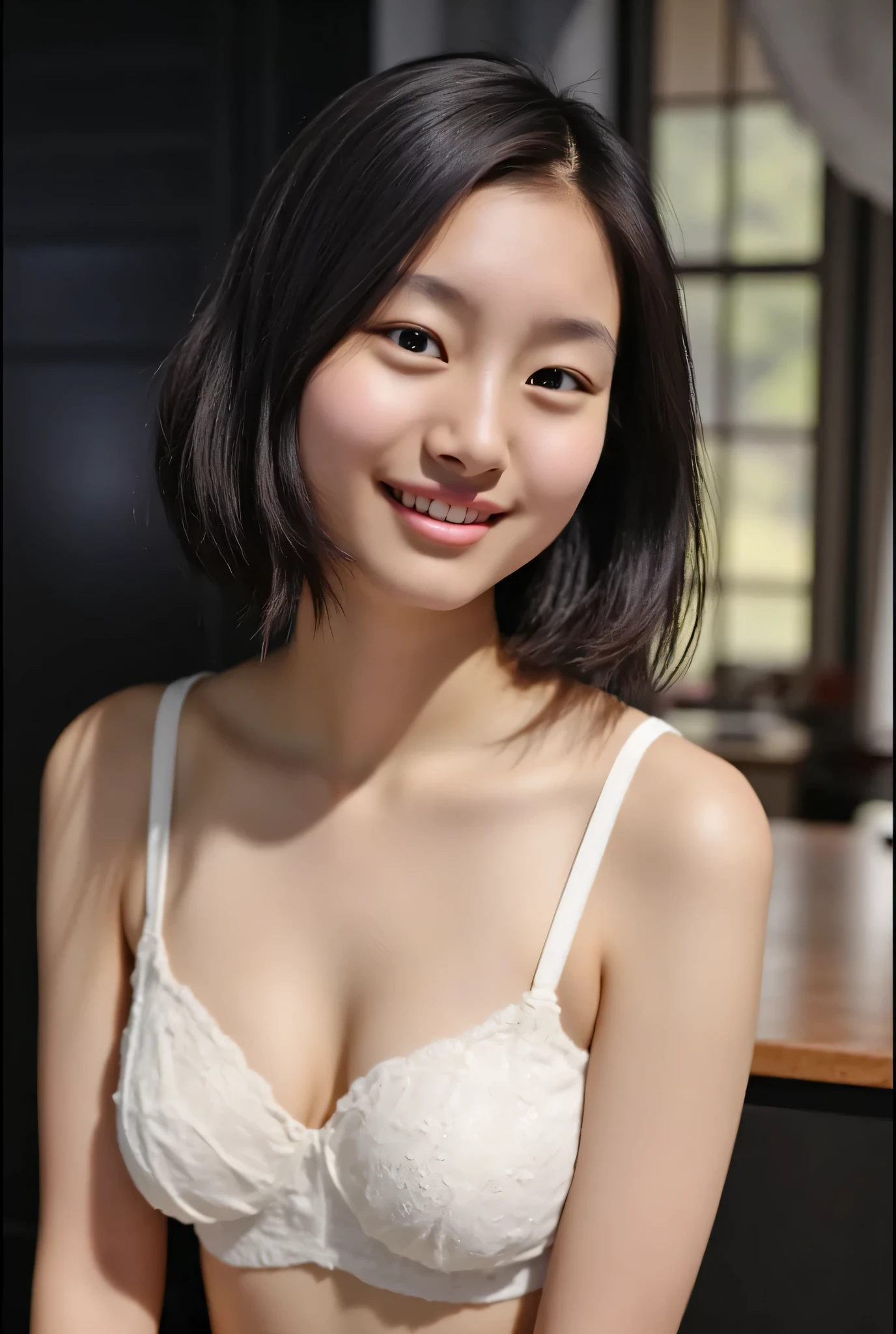 {Cute smiling face181 -old an }、{ is transparent, is wearing a white bra:1.8},{ }, [bangs: short hair : princess cut}}}, {View above the collarbone}、 {{{{{ has a monotone background:1.8}}}} 、
