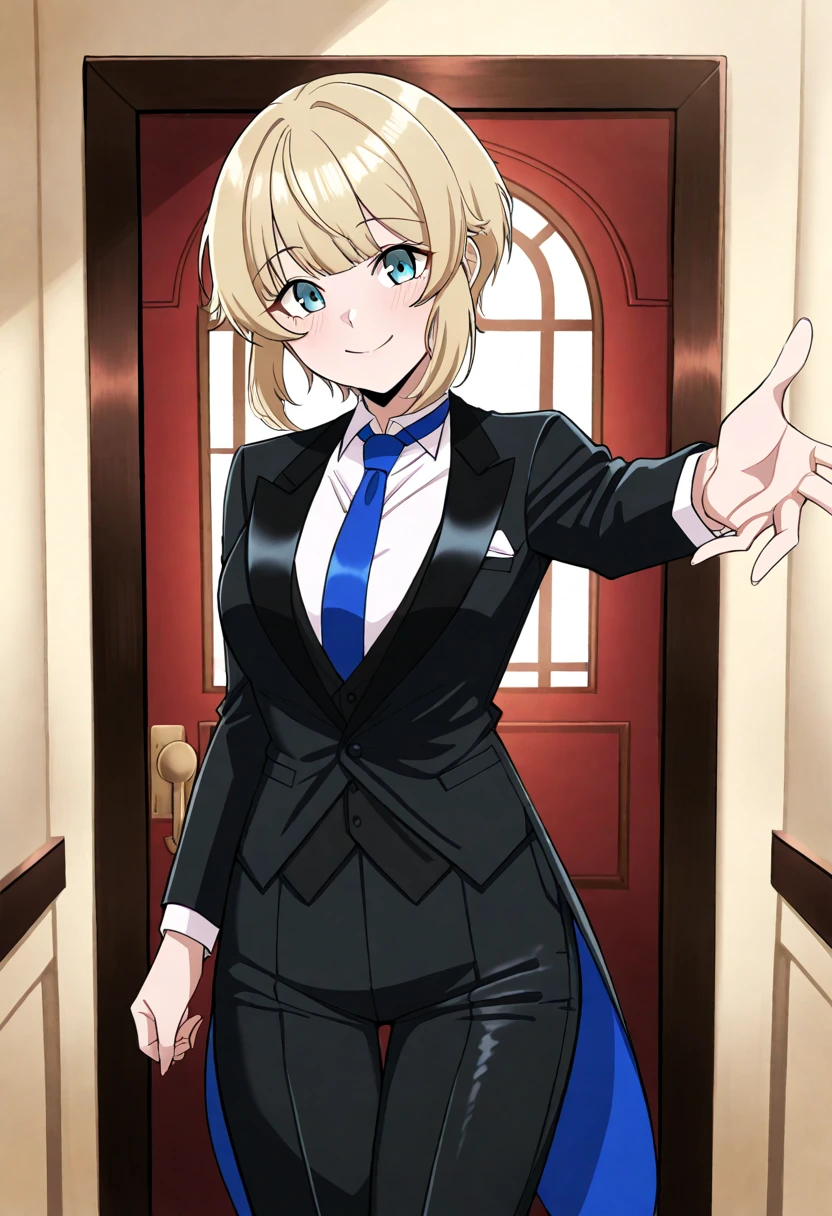 score_9, score_8_up, score_7_up, score_6_up, score_5_up, score_4_up1girl, solo, koga tomoe,, suit tuxedo , , short hair, bangs, sidelocks, indoors, standing,happy,smile,looking at viewer, cowboy shot, blue tie woman in formal attractive suit tuxedo tailcoat standing in a large alcove in the room, , reaching towards viewer , badass , 