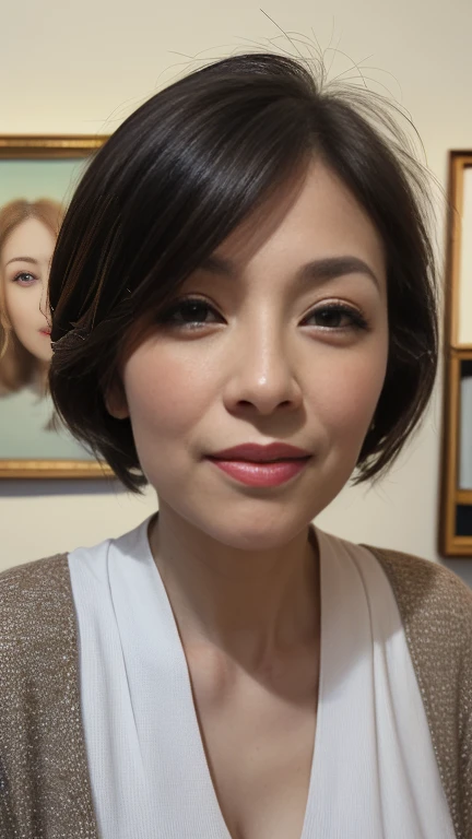 (a masterpiece portrait of a woman with ultra detailed features, in 8K resolution, with crisp quality and vibrant colors)、40 year old mature woman、Facial wrinkles:1.4、( shot from the front :1.4)、(Front View:1.4)、((( viewers:1.8)))、Red lipstick, Sensual lipstick,  face with lips sticking forward、 ecstatic expression:1.4、Sensational makeup ,  Darker Eye Line 、 dark eyeshadow 、Long eyelashes、bright lighting, room、 elegant woman、(((Push your lips forward)))、 open your mouth、Kissing Face:1.2、 black hair、Small face、round face、Beautiful round eyes 、 pixie cut hair