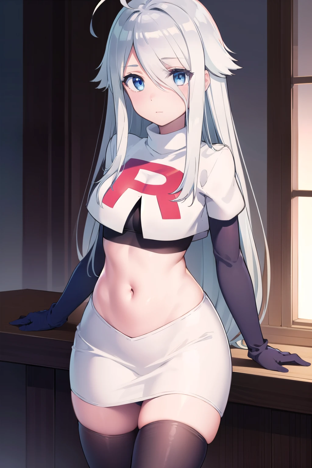 nejire hado, 1girl, solo, long hair, breasts, looking at viewer, smile, open mouth, bangs, blue eyes, medium breasts, very long hair, blue hair, :d, team rocket,team rocket uniform,white skirt,crop top,black thigh-highs,black elbow gloves