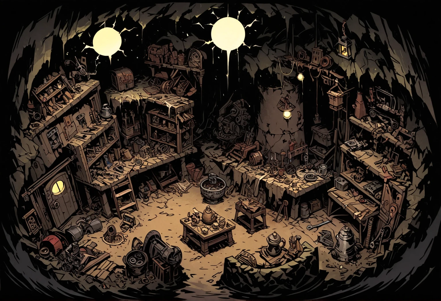 top view, poor Workshop in bunker, primitive machines, hand tools, old vises, mechanical devices, creating tools, repairs, resources, key location, survival, craftsmanship, poor lightning, WW1 bunker, (( light from old oil lamp)), masterpiece, Darkest Dungeon art, ultra detailed, thick outlines style
