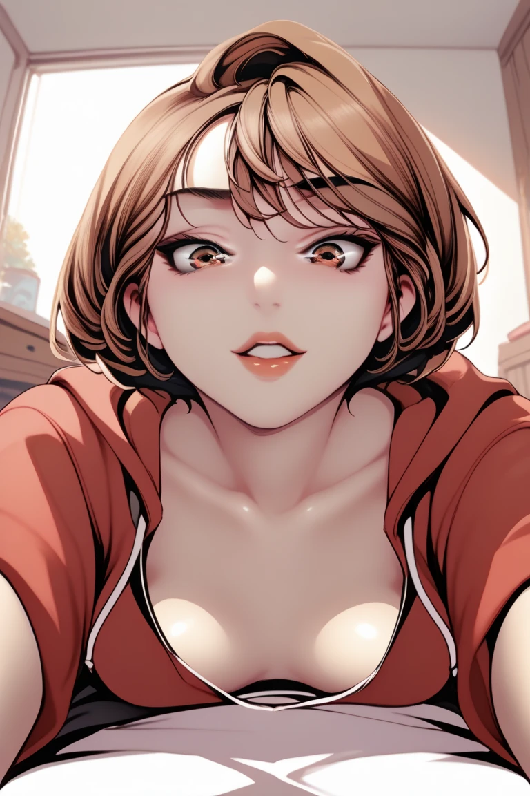 (masterpiece, best quality:1.2), 1 girl, unique, Lying on top, nasoridef, brown hair, brown eyes, short hair, oversized hoodie, hooded
