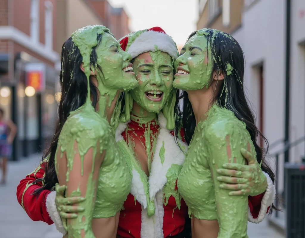 DSLR photograph. Two Beautiful Chinese woman covered in green water. Santa hugging the two women. Photorealistic. Wet liquid. Nasty slime. Raw photo. Wearing Santa dress. London streets. Daytime. Green Slime. Dripping green goo. 30 years old. (Asian girl: 1.5). Wavy Black hair. Green water. Portrait photo. Cleavage. Beautiful Asian face. Skinny Asian girl. Santa grabbing her boobs. She is crying. She is screaming.