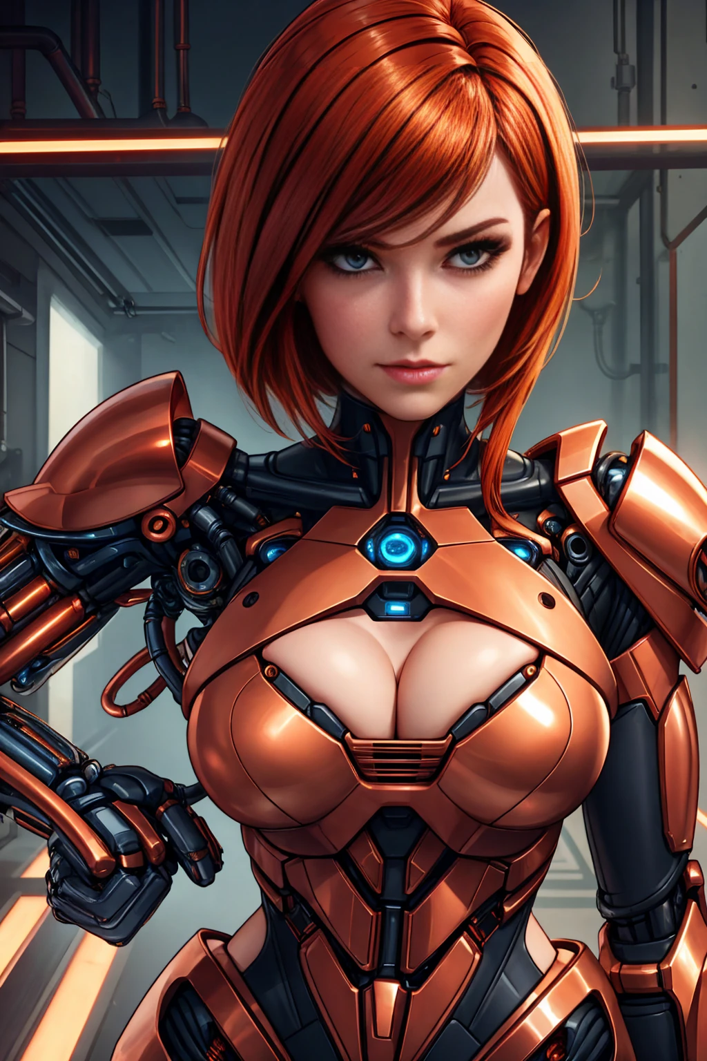 a beautiful Swedish woman, A gorgeous female mechanic in an atompunk style, with a blank background, wearing an unzipped orange jumpsuit revealing cleavage, featuring a mechanical hand and cybernetic augments, in a retro-futuristic setting with gunmetal grey tones,