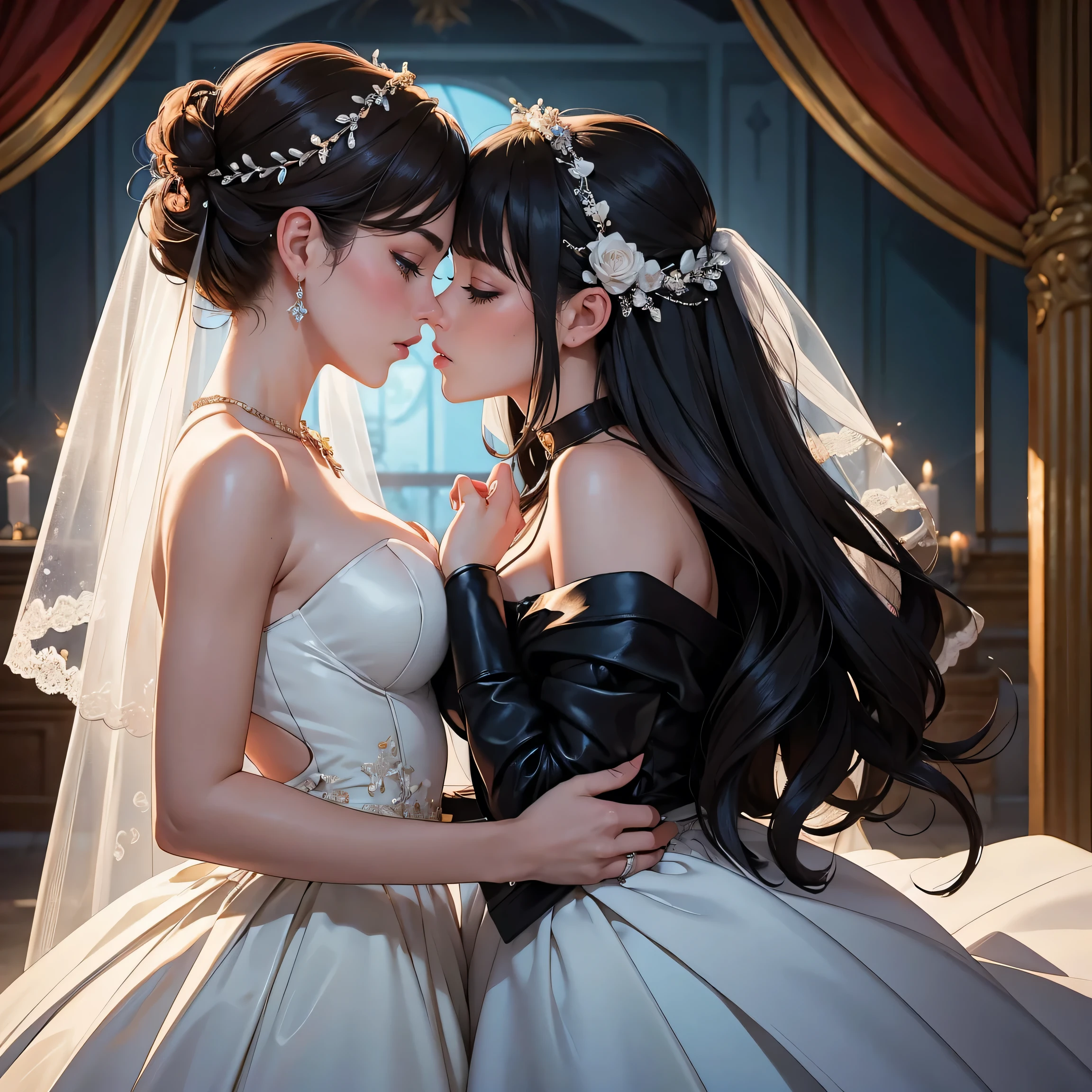 (masterpiece, highest quality, official art, beauty and aesthetic), two stunning bride is deeply in love with each other, kiss, mystical ambiance