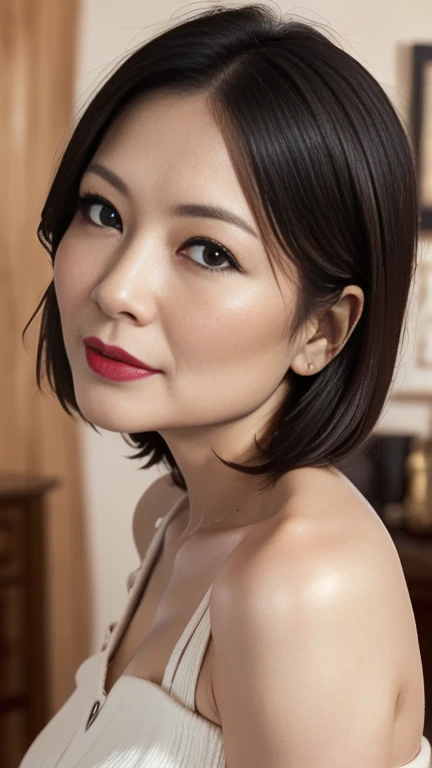 (a masterpiece portrait of a woman with ultra detailed features, in 8K resolution, with crisp quality and vibrant colors)、40 year old mature woman、Facial wrinkles:1.4、( shot from the front :1.4)、(Front View:1.4)、((( viewers:1.8)))、Red lipstick, Sensual lipstick,  face with lips sticking forward、 ecstatic expression:1.4、Sensational makeup ,  Darker Eye Line 、 dark eyeshadow 、Long eyelashes、bright lighting, room、 elegant woman、(((Push your lips forward)))、 open your mouth、Kissing Face:1.2、 black hair、Small face、round face、Beautiful round eyes 、 pixie cut hair