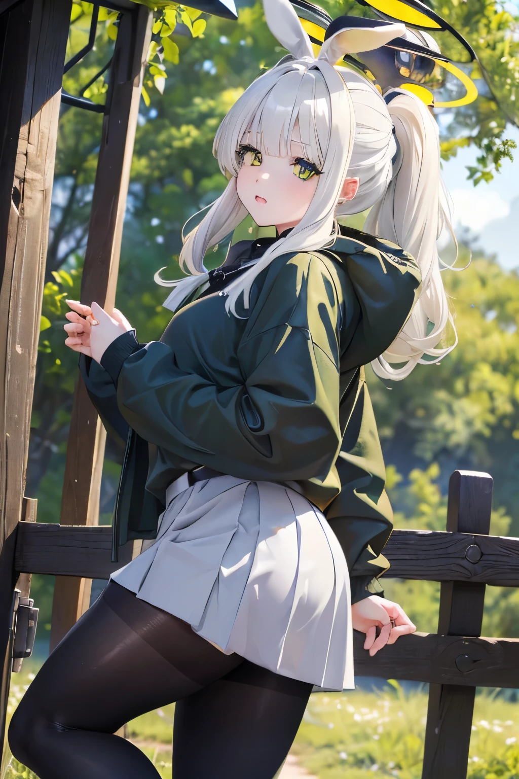 (((fat legs))), ((perfect eyes)), (finely detailed eyes and detailed face:1.3), (extremely fine and beautiful:1.1), (Perfect details:1.1), (Omagari Hare), Blue Archive, (black, yellow halo), green eyes, earings, 1 girl, standing, blue hoodie, belt, ((black glossy pantyhose)), mini skirt, ponytail, (white hair:1.4), (((outdoor))) side view