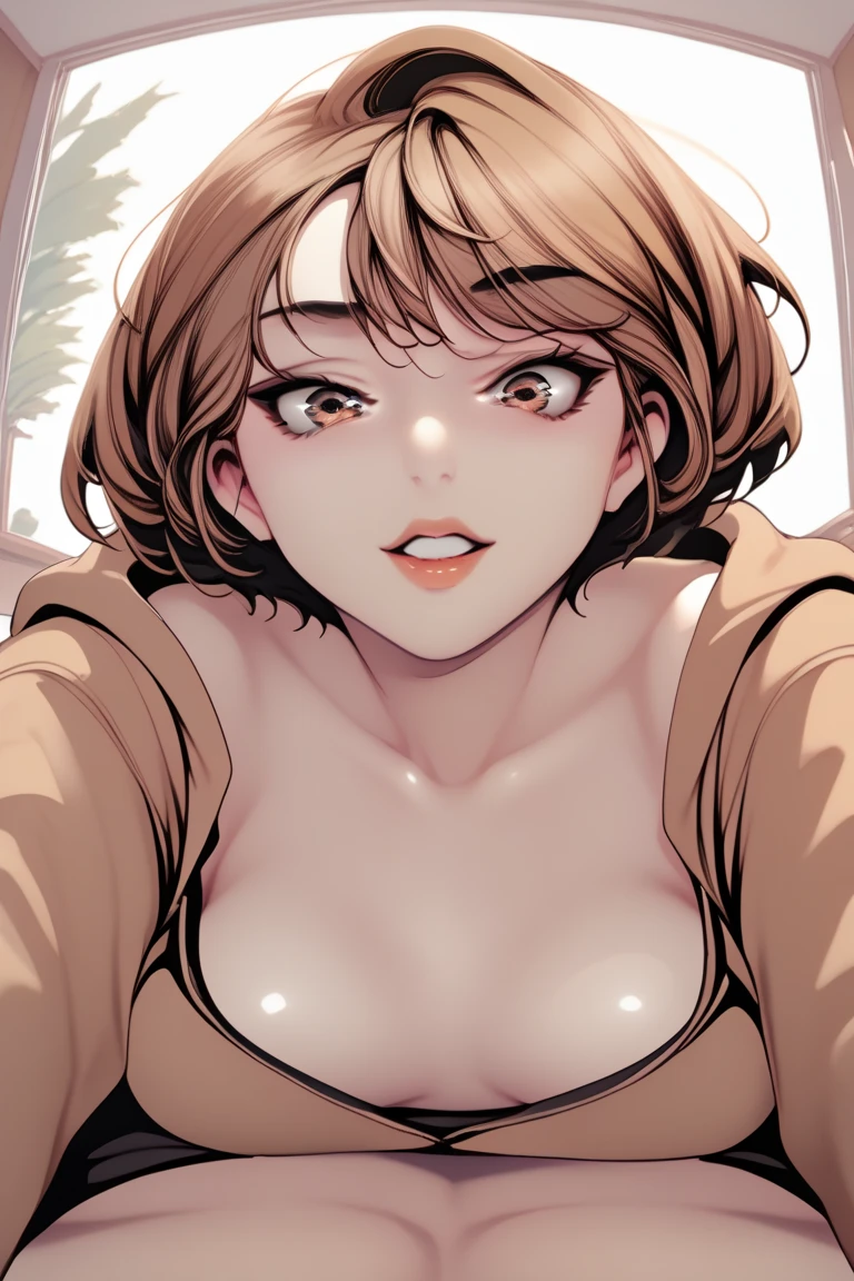 (masterpiece, best quality:1.2), 1 girl, unique, Lying on top, nasoridef, brown hair, brown eyes, short hair, oversized hoodie, hood on head