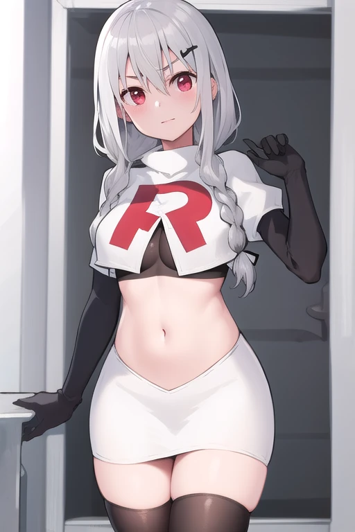 (masterpiece, best quality:1.2),illustration,8k,hd,1girls,solo,very_long_hair,blush,heart,side_ponytail,ahoge,blue_eyes,large_breasts,bangs,heart-shaped_pupils,hair_ornament,hair_between_eyes,team rocket,team rocket uniform,white skirt,red letter R,crop top,black thigh-highs,black elbow gloves