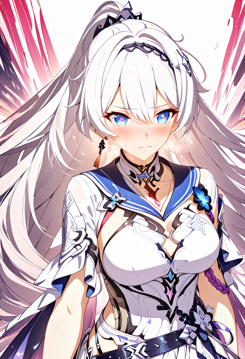 score_9, score_8_up, score_7_up, masterpiece, best quality, very aesthetic, absurdres, 1girl, solo, kiana kaslana \(honkai impact 3rd\), herrscher of finality, white hair, very long hair, ahoge, high ponytail, hair ornament, blue eyes, symbol-shaped pupils, medium breast, blush, disgusted face, closed mouth, heavy breathing, elegant academic uniform, navy blue sailor-style collar with gold embroidery, white blouse, navy skirt, golden belt, asymmetrical cape adorned gold trim, delicate rope tassels