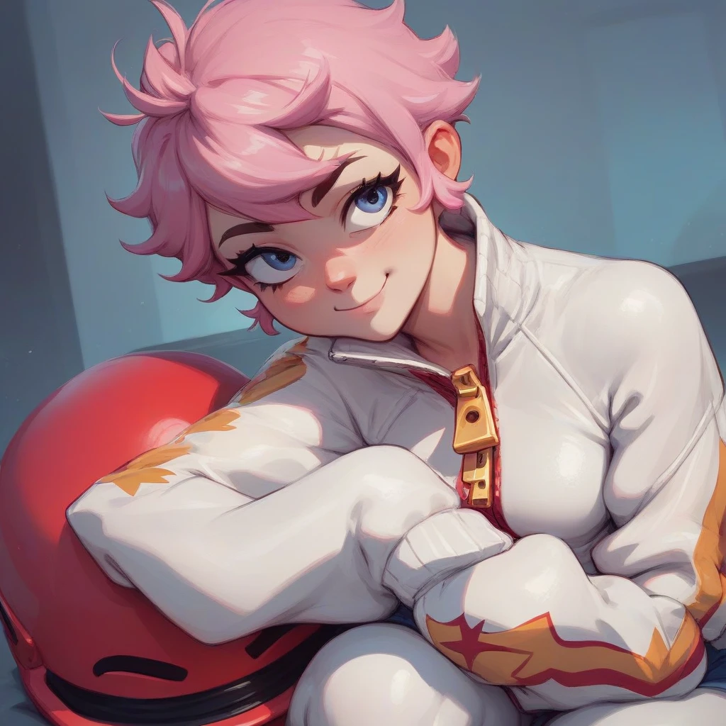 bsbonnie ,  1girl, pink hair, short hair, solo , white bodysuit, red helmet, zipper, zipper pull down, score_9, score_8_up, score_7_up, source_anime , solo  ,CLOSED MOUTH  , SITTING , sleeves past wrists, mischievous face, smile, one hand on the zipper, unzipping 