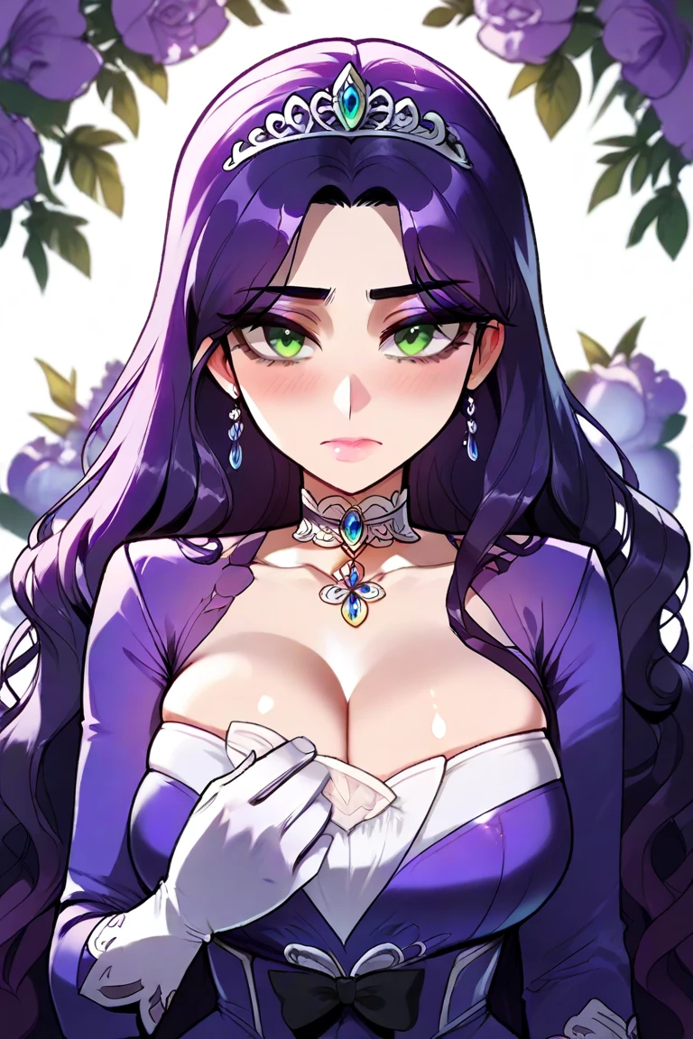 shoujo-style, floral background, romance manhwa, 1girl, purple hair, solo, long hair, flower, dress, tiara, white dress, gloves, long sleeves, choker, green eyes, mascara, makeup, white gloves, black bow, black flower, wavy hair, bow, jewelry, looking at viewer, white background, collarbone, large breasts, silver accessories, upper body, parted bangs, very long hair, purple dress, bangs, closed mouth, detailed eyes, (close up), gleaming skin, shiny glossy skin