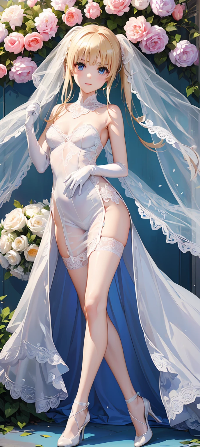 Illustrations by Yorita Kazama,
blonde short hair、blue eyes、Elf、Elfの耳、pointed ears、Wedding dress、white veil、black pantyhose,Smile、holding bouquet、light particles, movie lighting,