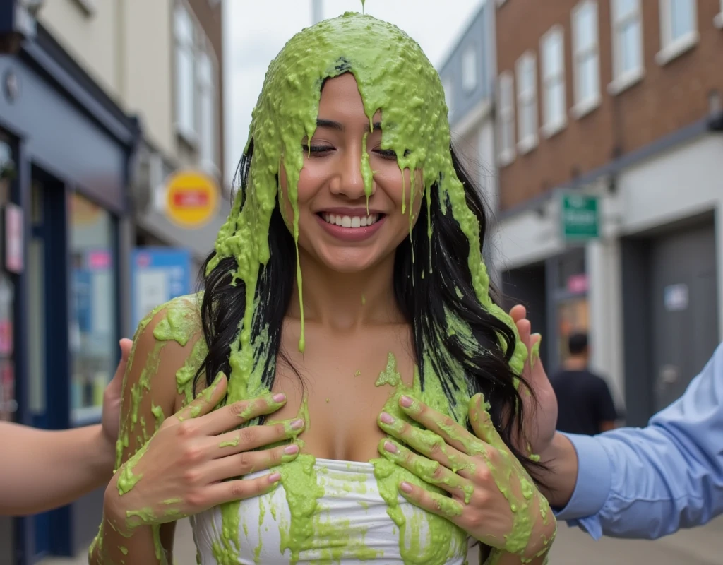 DSLR photograph. Beautiful Chinese woman covered in green water. Two men grabbing the woman’s chest. Photorealistic. Wet liquid. Nasty slime. Raw photo. Wearing strapless white dress. London streets. Daytime. Green Slime. Dripping green goo. (Asian girl: 1.5). Wavy Black hair. Green water. Portrait photo. Cleavage. Beautiful Asian face. Hands wiping her face. Men’s hands grab her chest. 