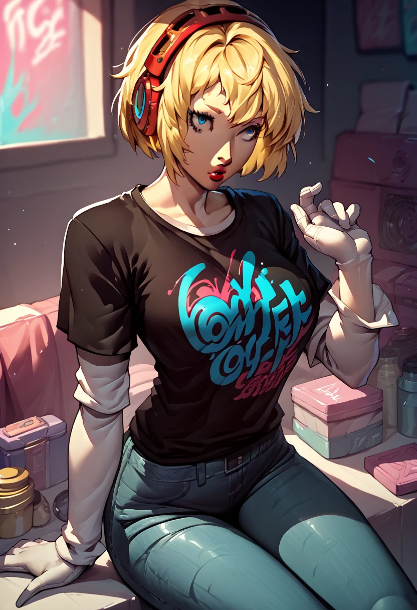 1 girl, red headphones, lipstick, black t-shirt, clothes writing, layered sleeves, large breasts, jeans, Aegis, blonde hair, blue eyes, white gloves, robot girl