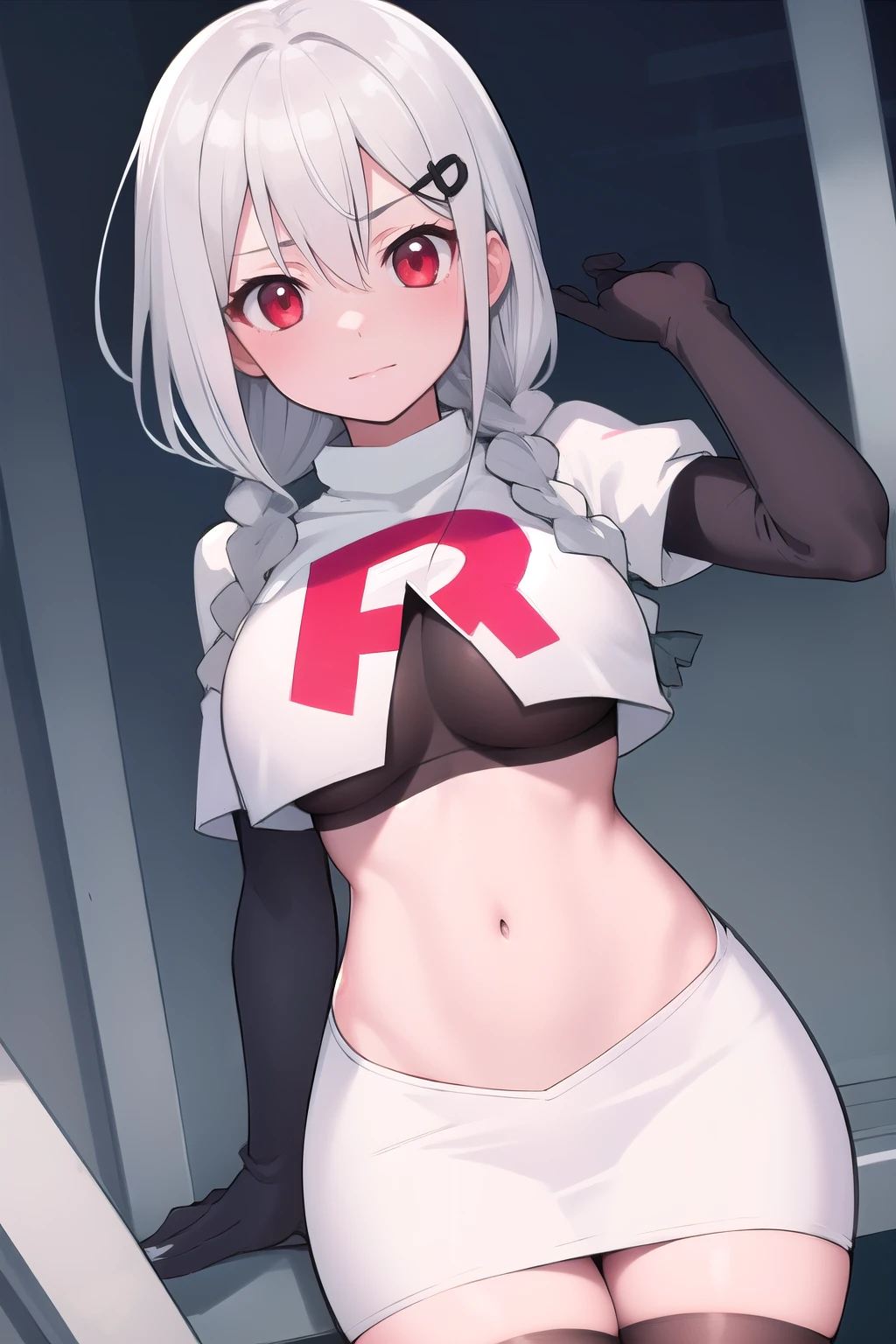 (masterpiece, best quality:1.2),illustration,8k,hd,1girls,solo,very_long_hair,blush,heart,side_ponytail,ahoge,blue_eyes,large_breasts,bangs,heart-shaped_pupils,hair_ornament,hair_between_eyes,team rocket,team rocket uniform,white skirt,red letter R,crop top,black thigh-highs,black elbow gloves