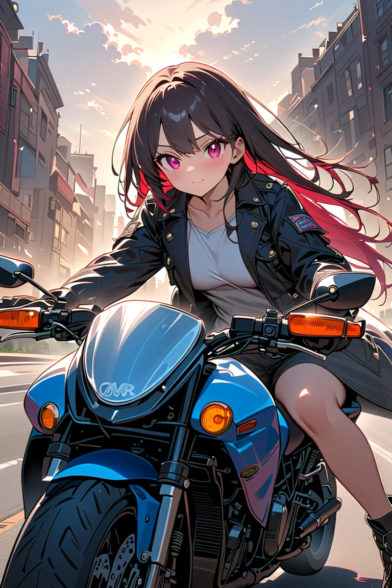 a girl sitting on motorcycle saddle, miniskirt, white panties, shinkai makoto, kimi no na wa,