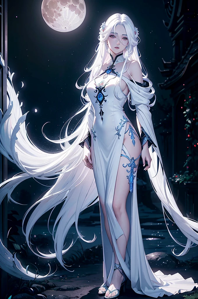 1girl, ghost girl, silver hair, white eyes, white skin, smile, long hair, flies, levitates in the air, white sheet, white cape, ghost, ghostly, translucent, holds a lantern, japanese lantern, holds a cup, tea, glass cup, glass teapot, tea, night, the moon, objects are flying