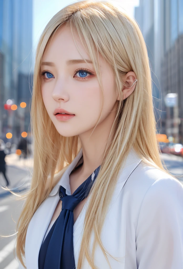  top quality 、DETAILS EYES、 beautiful eyes、 perfect eyes、Eyes as clear as the sky、Blonde beautiful hair、perfect hair、8k、Beautiful head、Perfect Head、ish , One girl   、  realistic ,  Photorealistic 、Sparkling bangs 、、In the city、 full body photo、 Dramatic Angles 、hair blowing in the wind