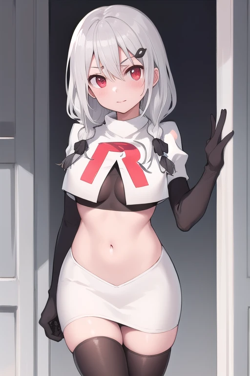 1 girl, black antlers, crimson eyes, t shirt, no pants, panties