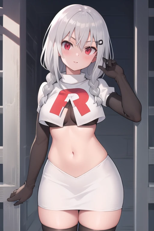 (Realistic painting style:1.1), masterpiece, best quality, absurdres, looking at viewer, solo,kallen kaslana (sixth serenade), kallen kaslana, white hair, ahoge, 1girl, solo, blue eyes, braid, looking at viewer, gloves, smile, long hair, braided ponytail, bangs, hair between eyes, (large breasts:0.8), hair ornament, single braid, team rocket,team rocket uniform,white skirt,red letter R,crop top,black thigh-highs,black elbow gloves,