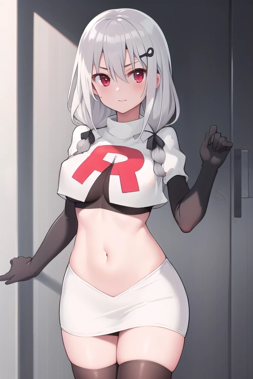 (masterpiece, best quality, ultra-detailed), AnnaNishikinomiya, white hair, aqua eyes, short hair, hairband, large breasts, team rocket,team rocket uniform,white skirt,crop top,black thigh-highs,black elbow gloves,