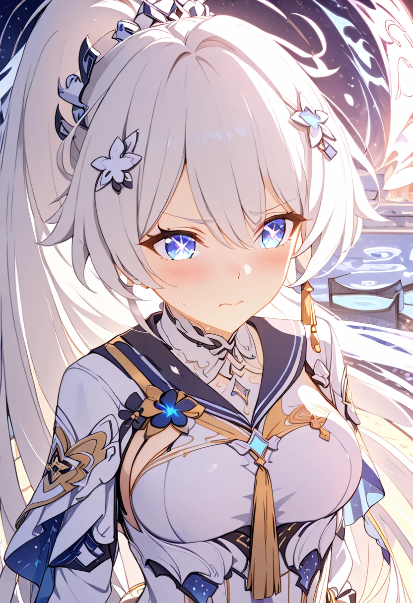 score_9, score_8_up, score_7_up, masterpiece, best quality, very aesthetic, absurdres, 1girl, solo, kiana kaslana \(honkai impact 3rd\), herrscher of finality, white hair, very long hair, ahoge, high ponytail, hair ornament, blue eyes, star-shaped pupils, symbol-shaped pupils, medium breast, blush, disgusted face, closed mouth, heavy breathing, elegant academic uniform, navy blue sailor-style collar with gold embroidery, white blouse, navy skirt, golden belt, asymmetrical cape adorned gold trim, delicate rope tassels,Kiana, Hofi_Def