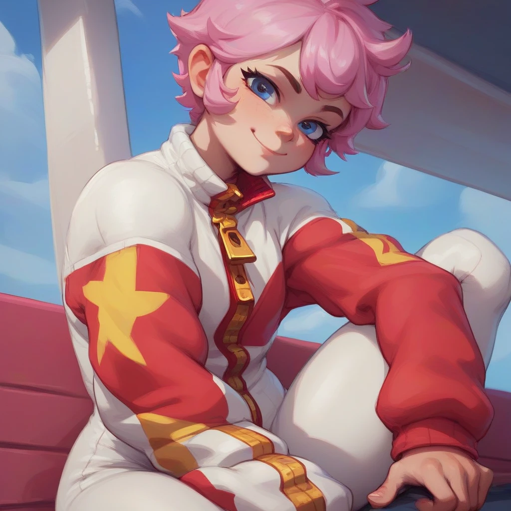 bsbonnie ,  1girl, pink hair, short hair, solo , white bodysuit, red helmet, zipper, zipper pull down, score_9, score_8_up, score_7_up, source_anime , solo  ,CLOSED MOUTH  , SITTING , sleeves past wrists, mischievous face, smile, one hand on the zipper, unzipping,, unzipping with one hand, black t-shirt underneath, UNZIPPING 