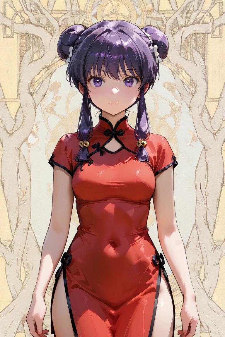 A highly detailed and high resolution image of "Shampoo" [from Ranma 1/2]; Chinese girl with long purple hair and twin buns; cute,sexhair ornament; a ((red)) Chinese qipao (cheongsam) (Long shirt ) dress, purple eyes; a red colored Chinese wedding scene in the .background; break: quality\(8k,wallpaper of extremely detailed CG unit, high resolution, top-quality, top-quality real texture skin, hyper realistic, increase the resolution, RAW photos, best quality, highly detailed, the wallpaper, golden ratio, high saturation realism, vibrant colors, dramatic lighting, persuasive storytelling, atmospheric scenery, captivating visuals, intricate details, strong emotions, dreamlike world\),(dynamic angle:1.4)