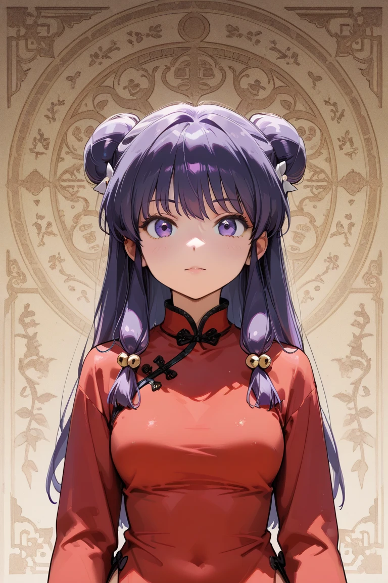 A highly detailed and high resolution image of "Shampoo" [from Ranma 1/2]; Chinese girl with long purple hair and twin buns; cute,sexhair ornament; a ((red)) Chinese qipao (cheongsam) (Long shirt ) dress, purple eyes; a red colored Chinese wedding scene in the .background; break: quality\(8k,wallpaper of extremely detailed CG unit, high resolution, top-quality, top-quality real texture skin, hyper realistic, increase the resolution, RAW photos, best quality, highly detailed, the wallpaper, golden ratio, high saturation realism, vibrant colors, dramatic lighting, persuasive storytelling, atmospheric scenery, captivating visuals, intricate details, strong emotions, dreamlike world\),(dynamic angle:1.4)