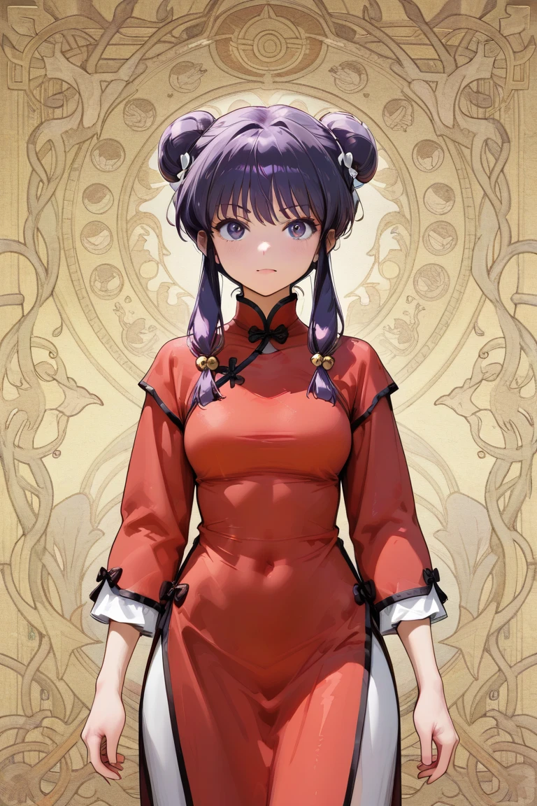 A highly detailed and high resolution image of "Shampoo" [from Ranma 1/2]; Chinese girl with long purple hair and twin buns; cute,sexhair ornament; a ((red)) Chinese qipao (cheongsam) (Long shirt ) dress, purple eyes; a red colored Chinese wedding scene in the .background; break: quality\(8k,wallpaper of extremely detailed CG unit, high resolution, top-quality, top-quality real texture skin, hyper realistic, increase the resolution, RAW photos, best quality, highly detailed, the wallpaper, golden ratio, high saturation realism, vibrant colors, dramatic lighting, persuasive storytelling, atmospheric scenery, captivating visuals, intricate details, strong emotions, dreamlike world\),(dynamic angle:1.4)