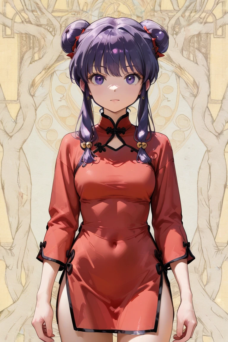 A highly detailed and high resolution image of "Shampoo" [from Ranma 1/2]; Chinese girl with long purple hair and twin buns; cute,sexhair ornament; a ((red)) Chinese qipao (cheongsam) (Long shirt ) dress, purple eyes; a red colored Chinese wedding scene in the .background; break: quality\(8k,wallpaper of extremely detailed CG unit, high resolution, top-quality, top-quality real texture skin, hyper realistic, increase the resolution, RAW photos, best quality, highly detailed, the wallpaper, golden ratio, high saturation realism, vibrant colors, dramatic lighting, persuasive storytelling, atmospheric scenery, captivating visuals, intricate details, strong emotions, dreamlike world\),(dynamic angle:1.4)